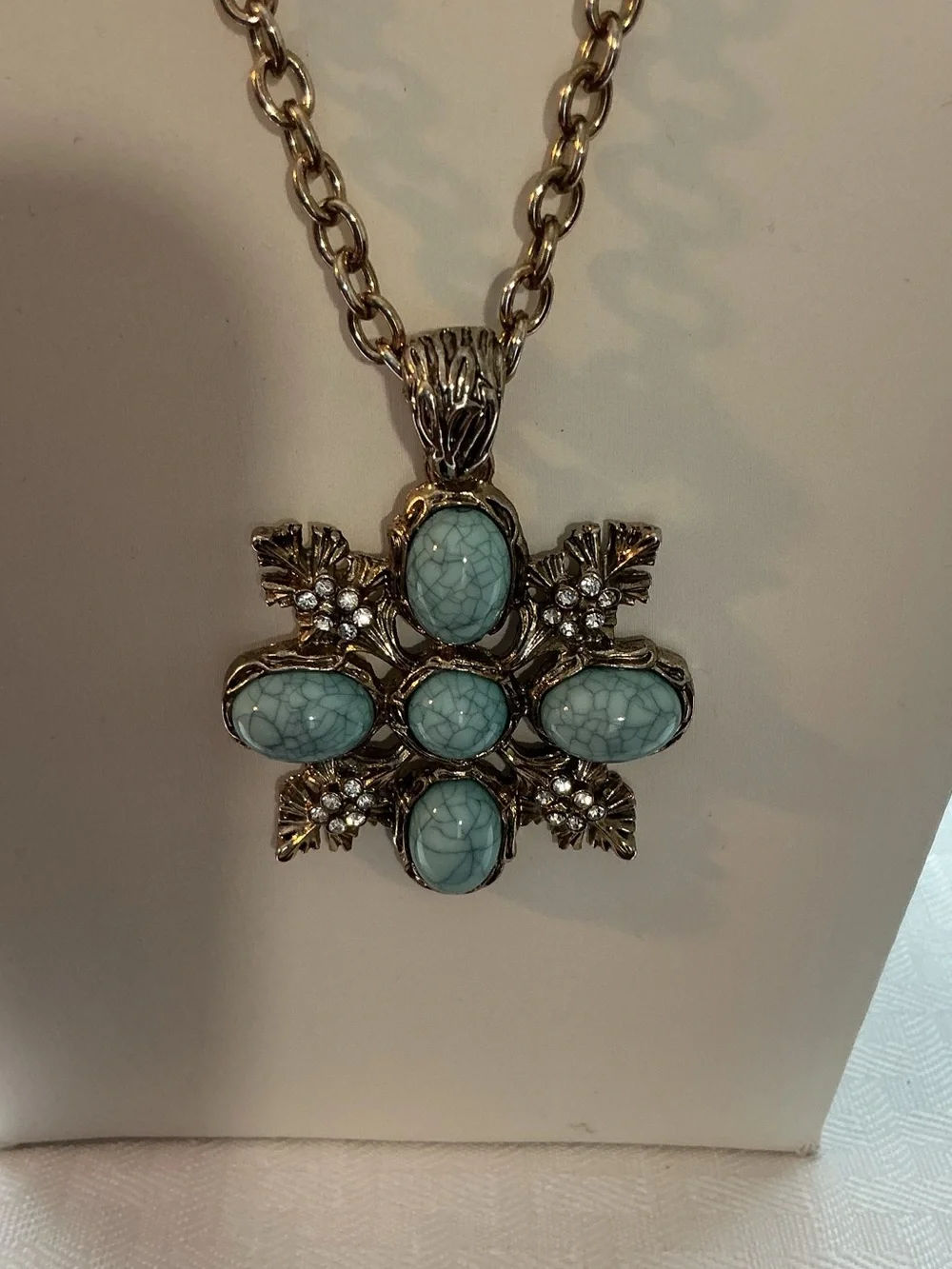 Maltese Cross Faux Turquoise Antique Gold Statement Pendant Necklace
